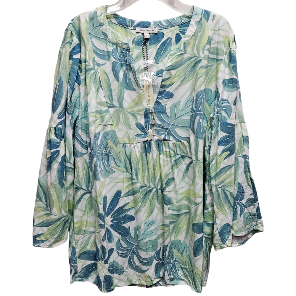 Anne Carson Women's Tropical Floral Bell Sleeve Tunic Blouse NWT Size Small